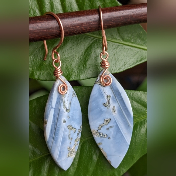 Artisan Blue Opal Gemstone Earrings Copper Wrap Spiral Marquise Lightweight - Picture 14 of 16